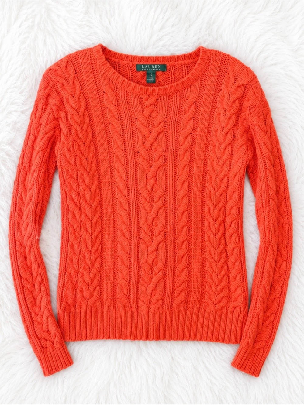 Lauren Ralph Lauren Bright Orange Cable Knit Crewneck Sweater| Size XS